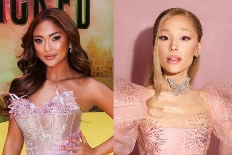 Marion Jola beri kain batik ke Ariana Grande 'Wicked'. (Foto: Instagram/lalamarionj dan Instagram/arianagrande)